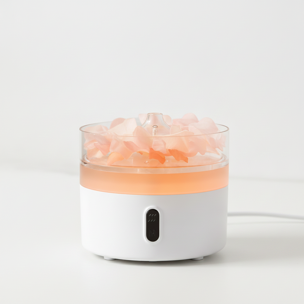 Himalayan salt lamp aroma diffuser lit on a white surface