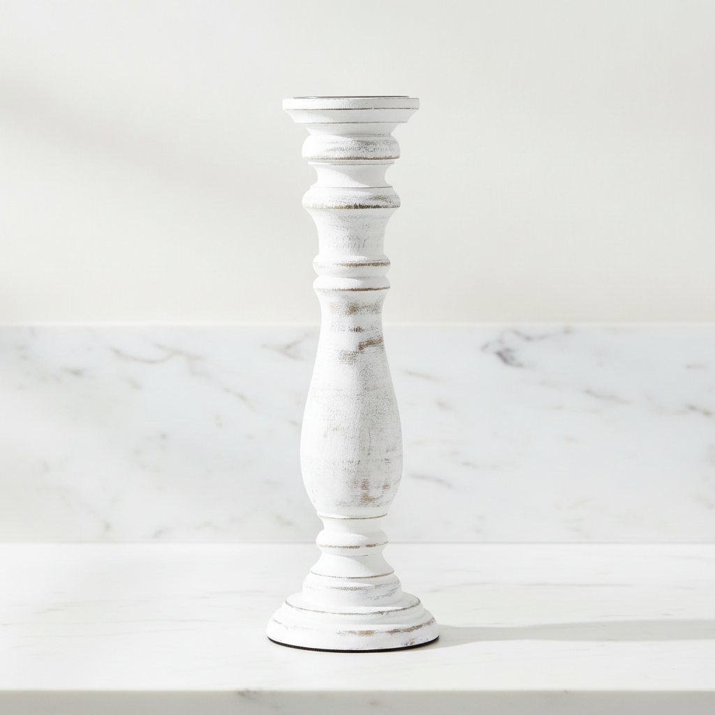 Whitewash mango wood pillar candle holder on marble