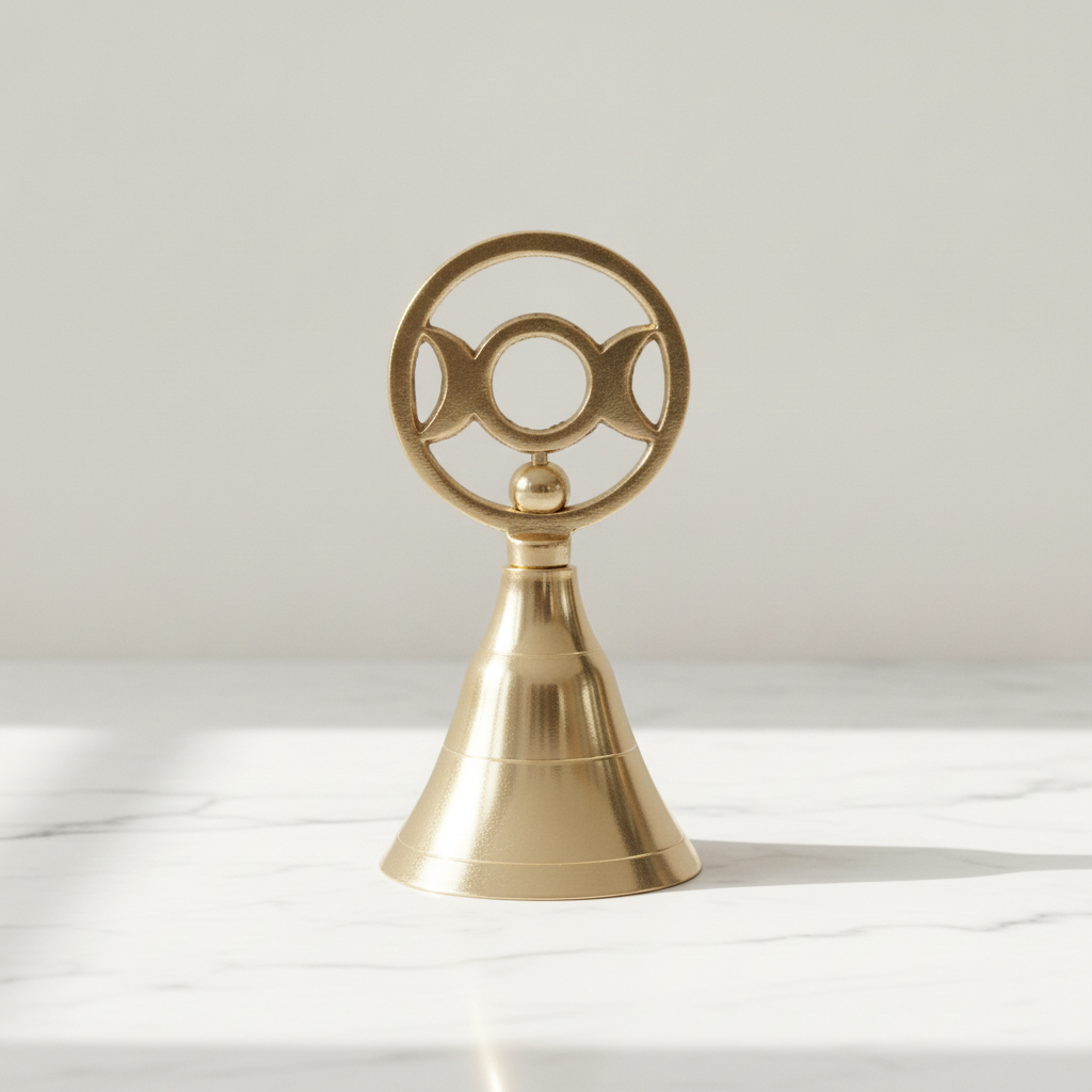 Triple moon brass altar bell on a marble worktop