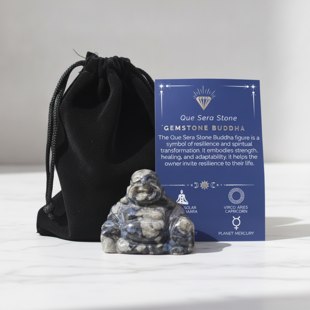 Que Sera stone Buddha with pouch and card on marble
