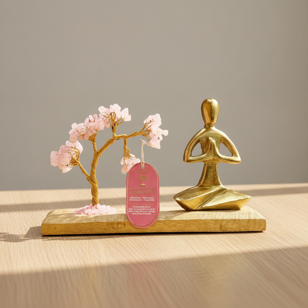 Rose quartz tree with namaste yoga figure on oak