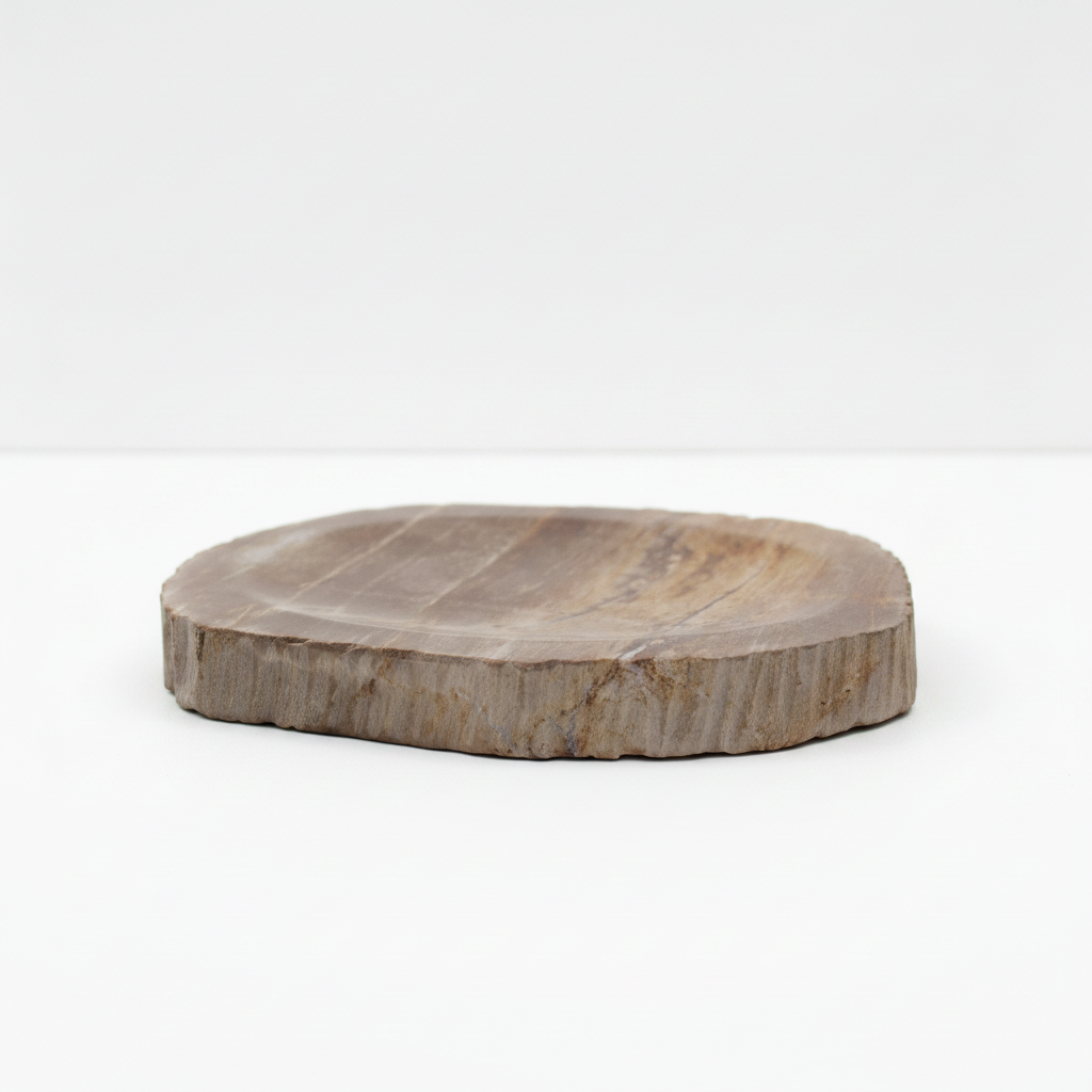 Petrified wood stone soap dish on a white surface