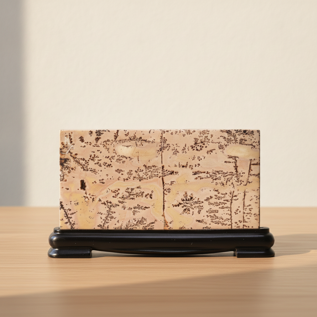 Guohua picture stone landscape on its stand, oak table
