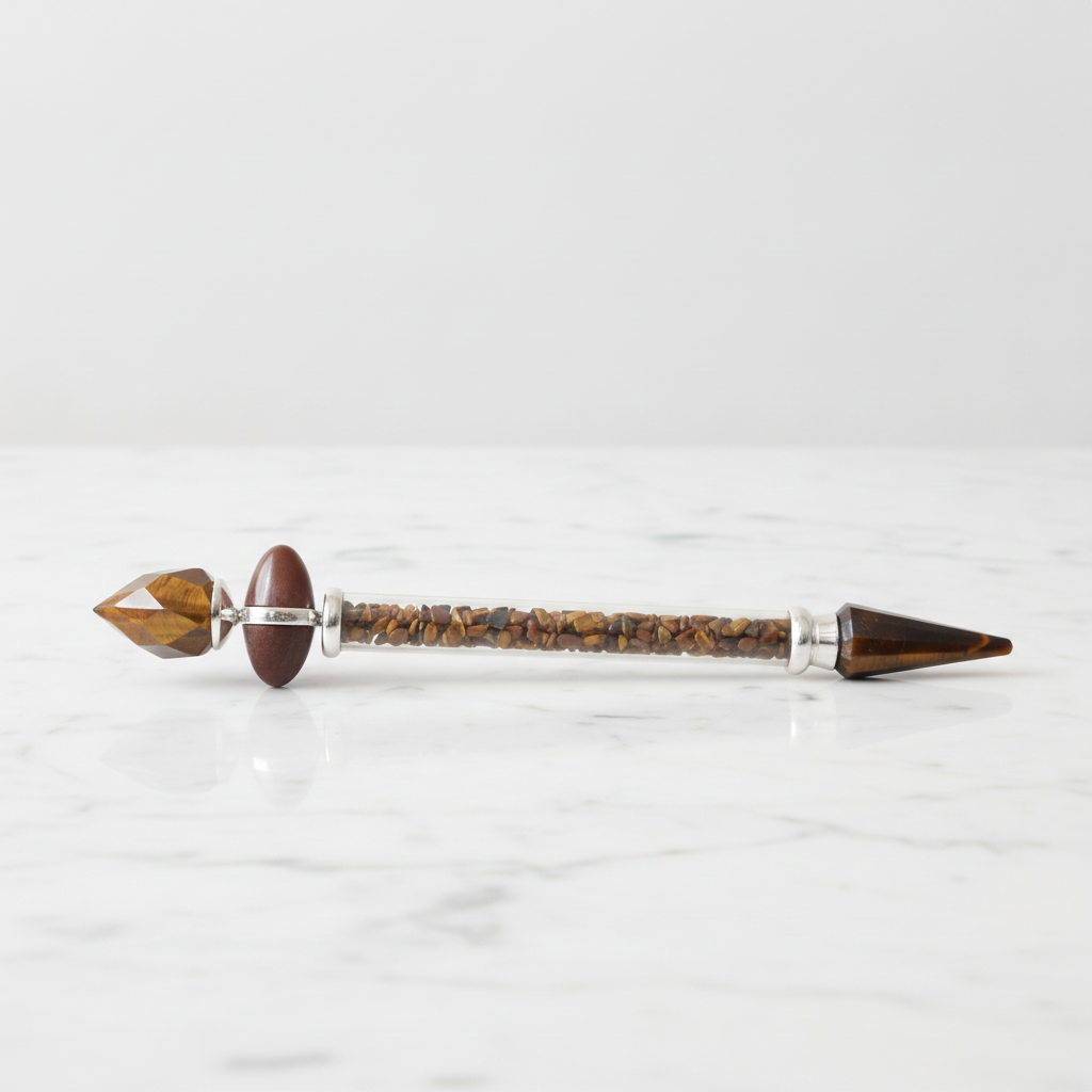 Tiger eye shiva lingam crystal wand lying on marble