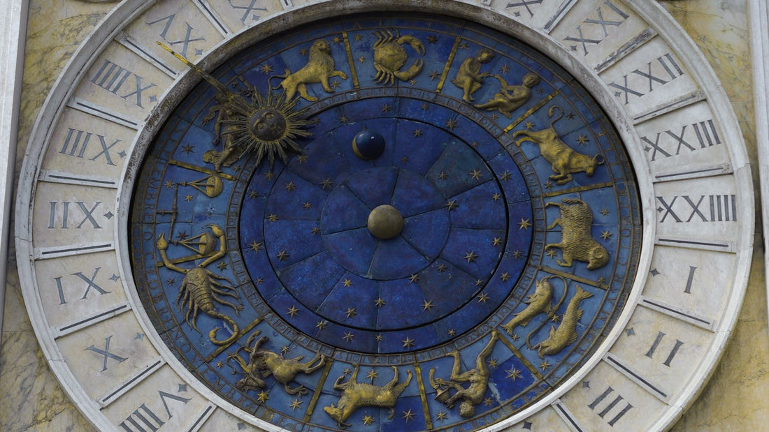 An antique astronomical clock face showing the zodiac