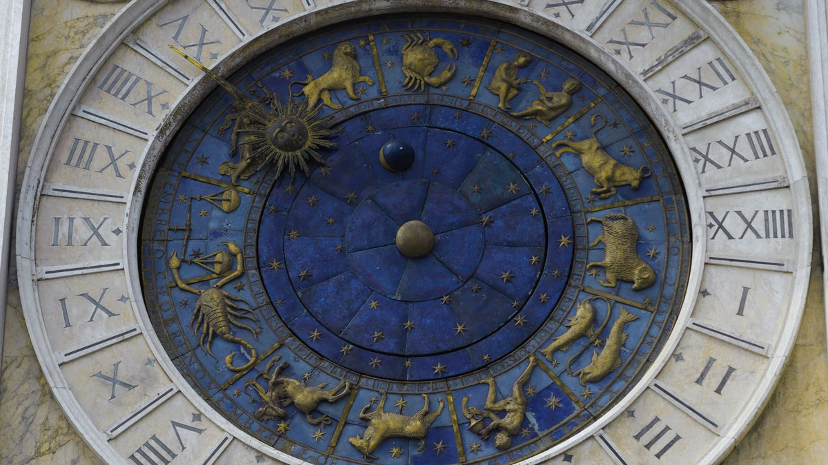 An antique astronomical clock face showing the zodiac