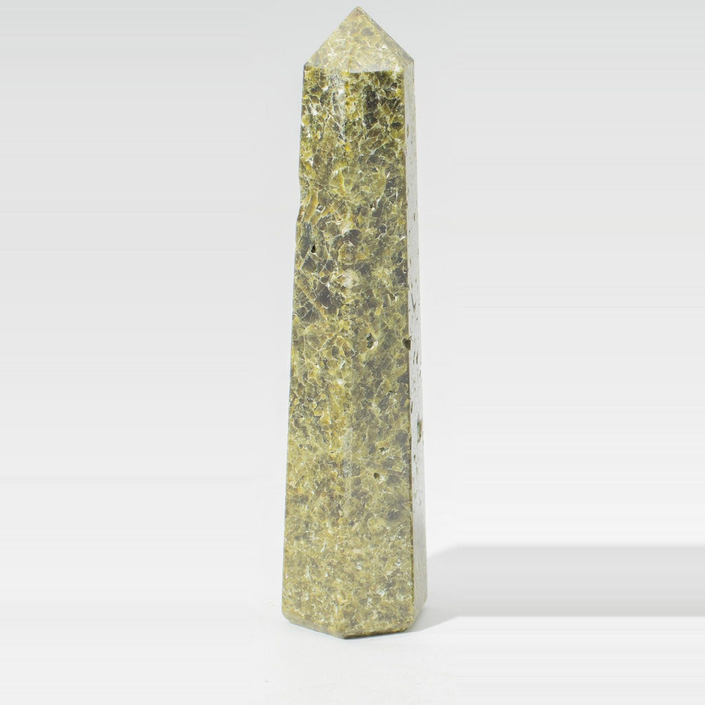 Epidote Crystal Obelisk Point - Six Face Polished Gemstone Tower, pictured on its own