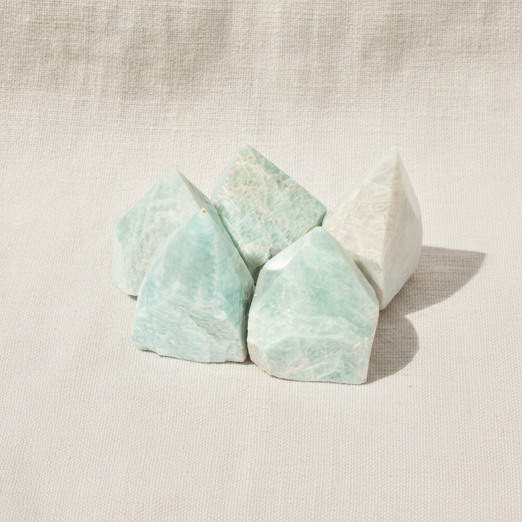 Amazonite polished crystal points, group of five on cream linen