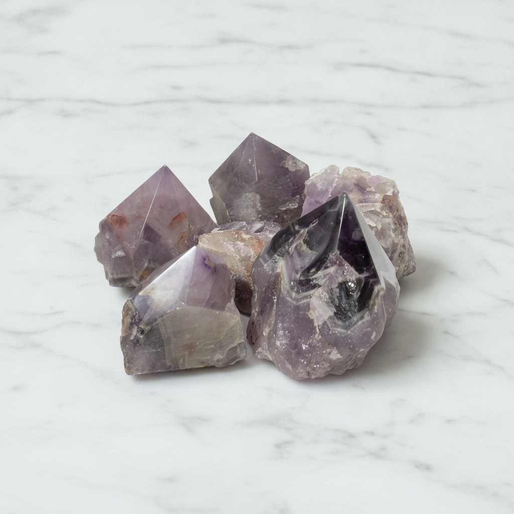 Amethyst A grade polished crystal points, group of five on white marble