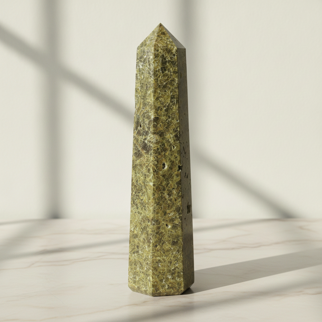 Epidote obelisk point on a marble worktop in daylight