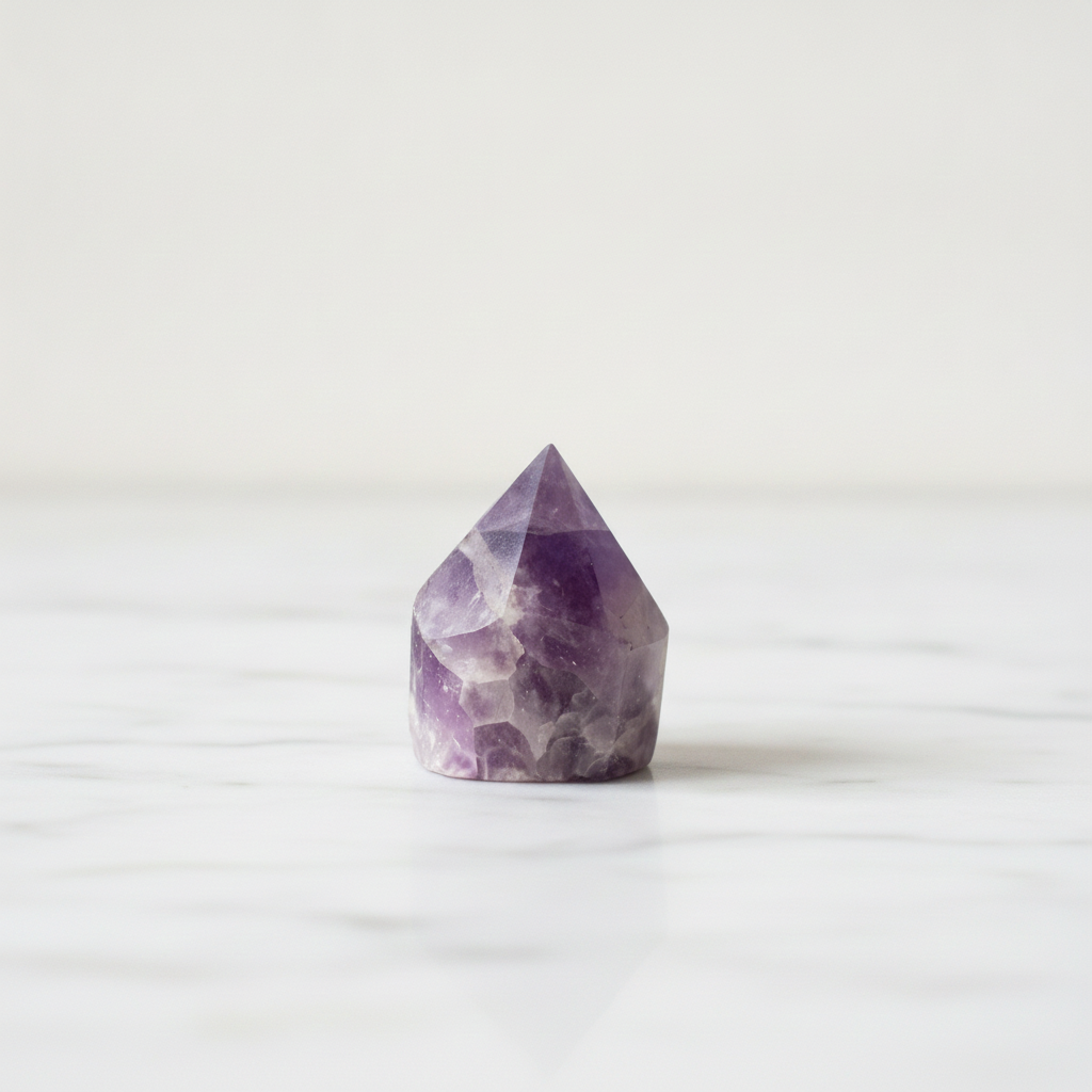 Polished amethyst crystal point on a pale marble surface against a white wall