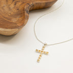 Silver-plated crucifix pendant set with golden citrine-coloured stones, on linen - view 5