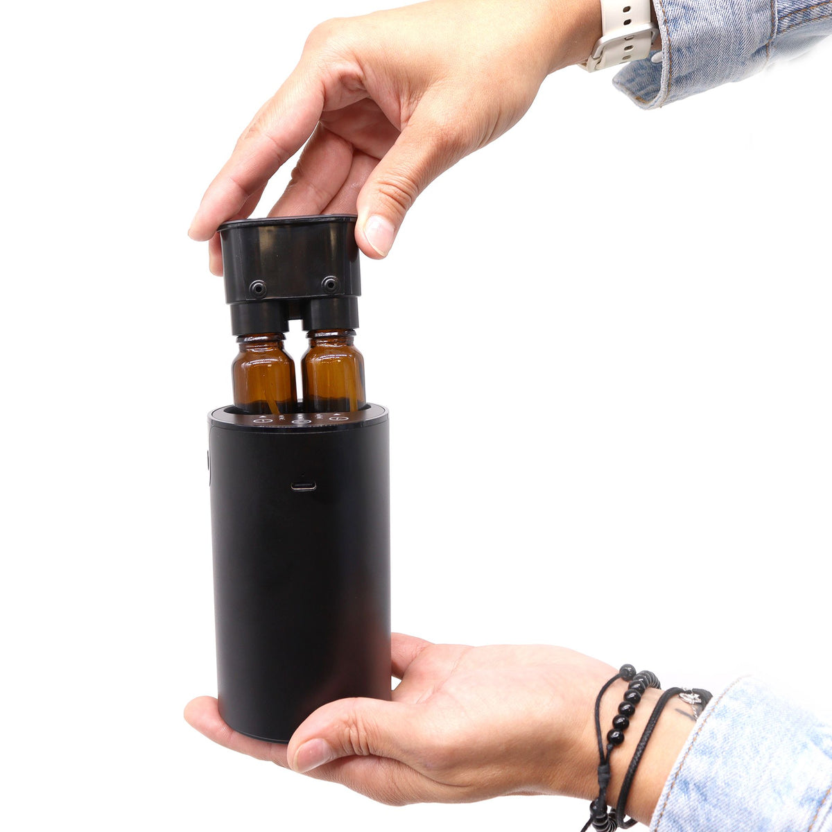 Double waterless essential oil nebuliser in dark wood finish with two oil bottles - view 5