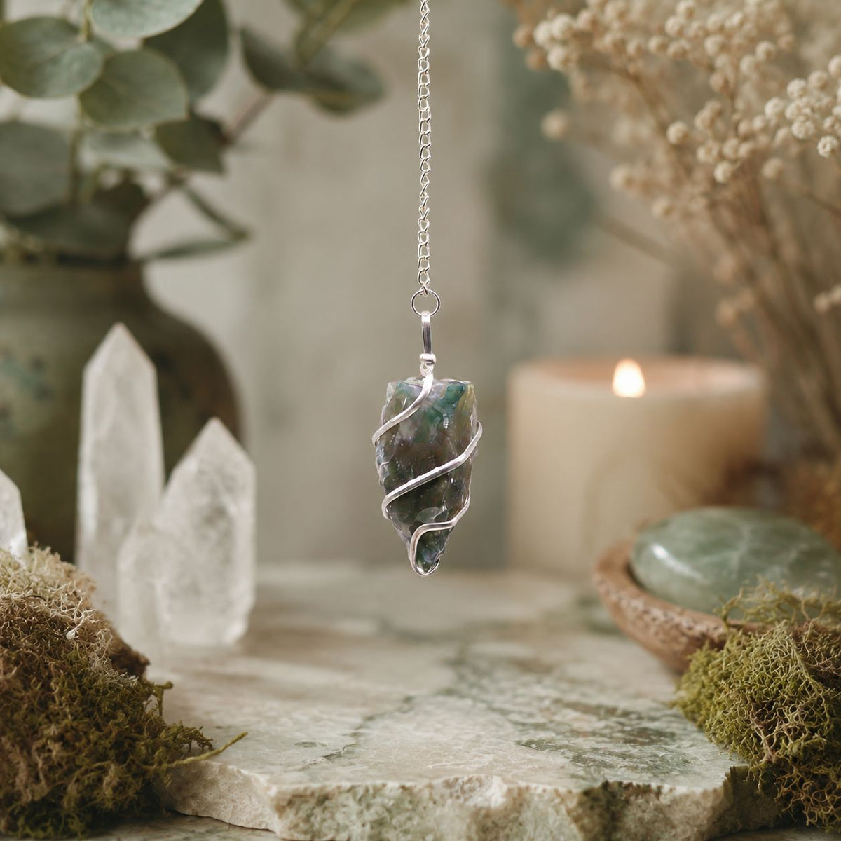 Raw Gemstone Pendulum - Moss Agate - view 4