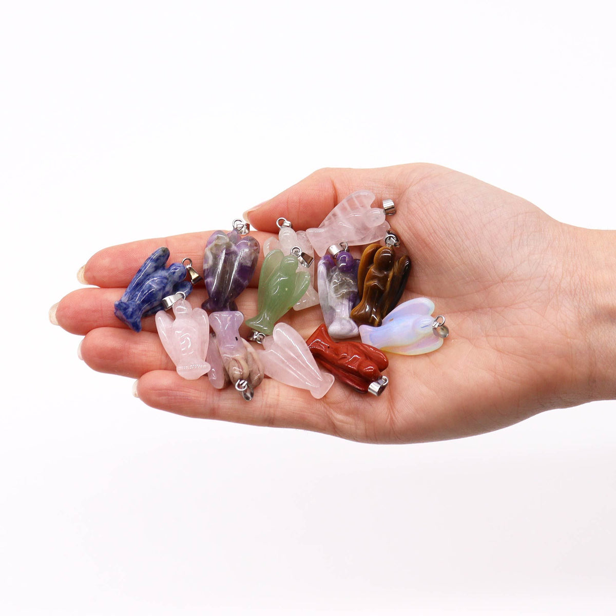 Assorted gemstone mini angel pendants with silver plated bails - view 2