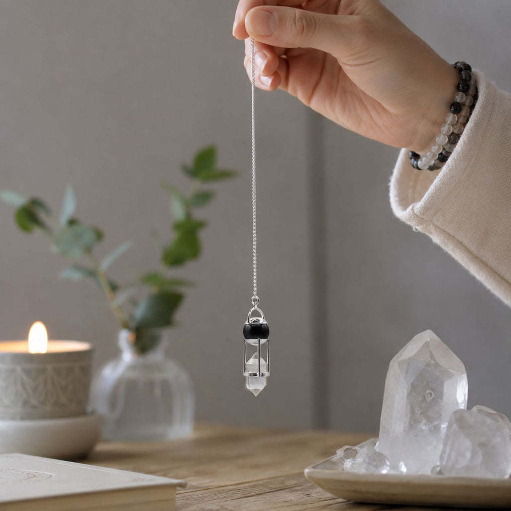Shadow Seer - Double Power Pendulum - Obsidian Globe - Clear Quartz Double Terminated - view 3