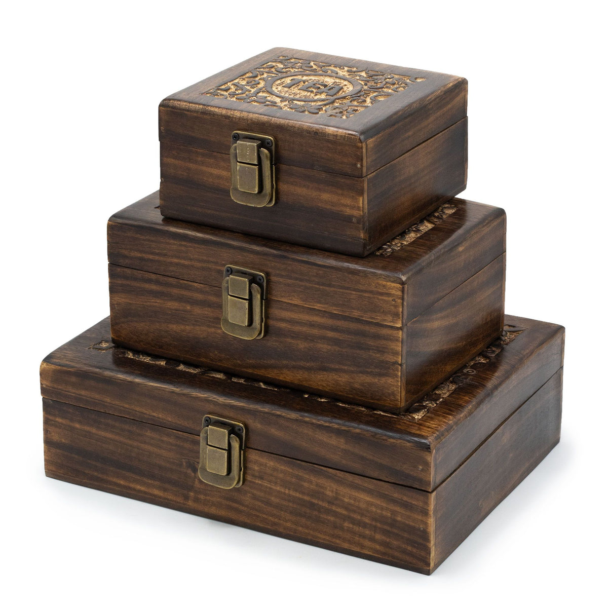 Carved mango wood tea box with twelve compartments and a brass clasp
