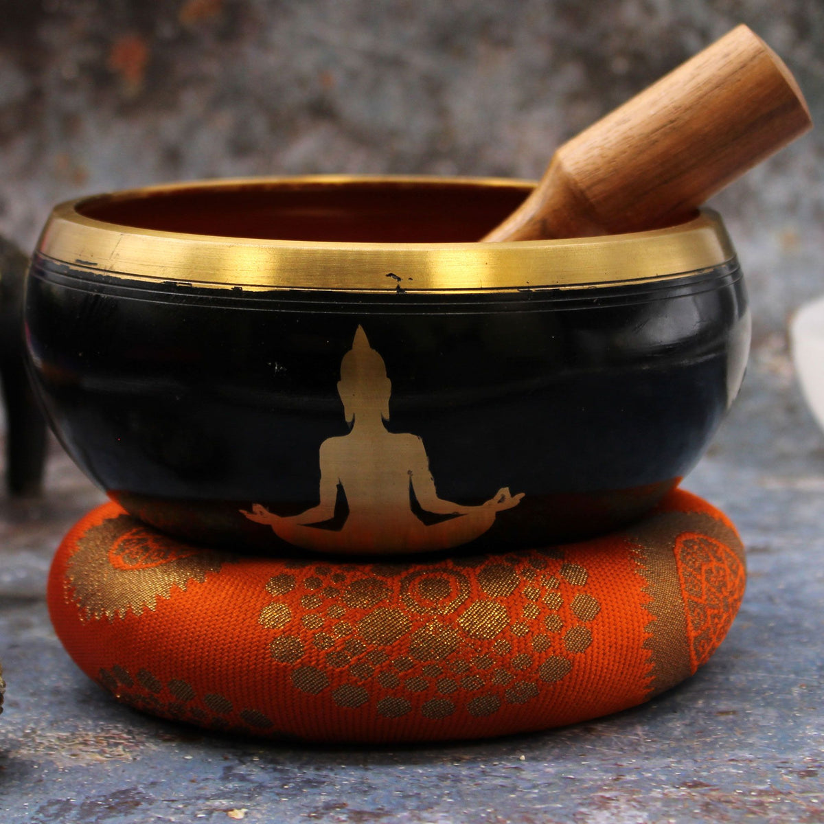 Lrg Buddha Singing Bowl Set - Black/Orange 14cm - view 7