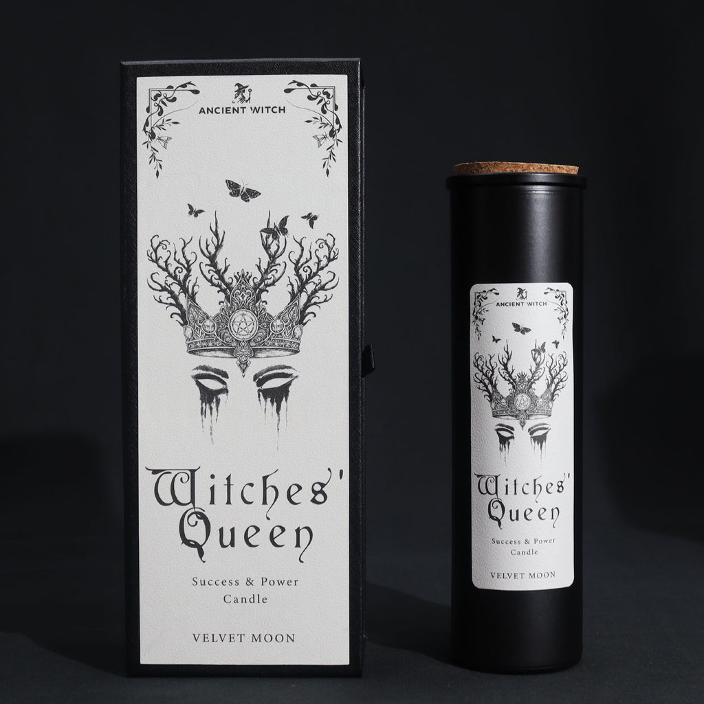 Black Witches' Queen candle tube beside its illustrated box, on cotton canvas - view 7