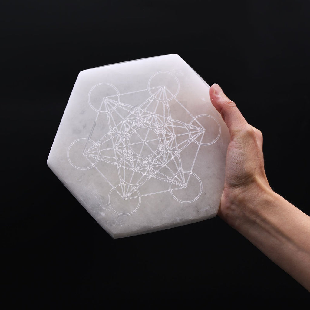 Large hexagonal selenite charging plate engraved with a direction and decision design - view 2