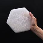 Large hexagonal selenite charging plate engraved with a direction and decision design - view 2