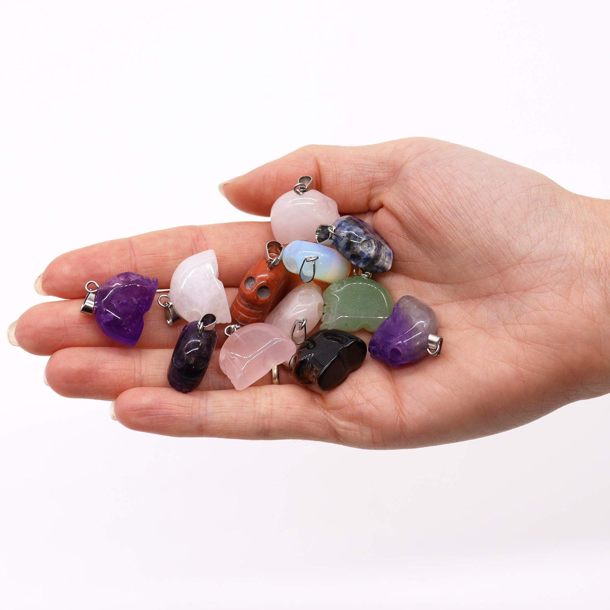 Assorted gemstone mini skull pendants with silver plated bails - view 2