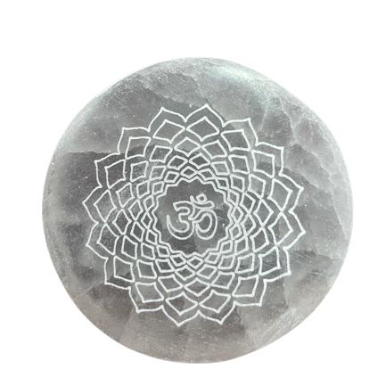 Set of seven small selenite charging plates, one engraved and coloured per chakra - view 9