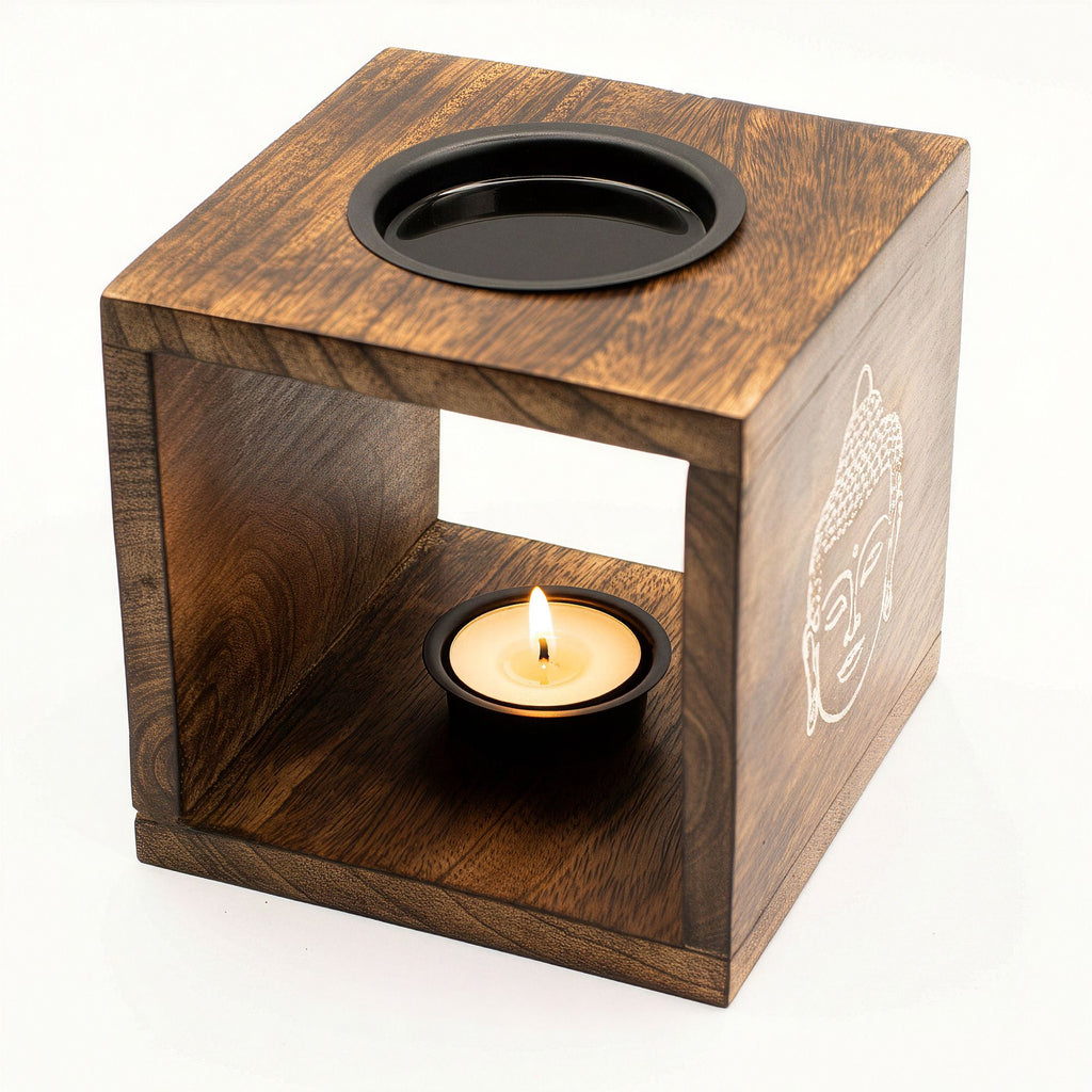 Large Square Mango Wood Oil Burner - Buddha Face - view 4