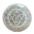 Set of seven small selenite charging plates, one engraved and coloured per chakra - view 3