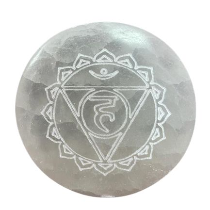 Set of seven small selenite charging plates, one engraved and coloured per chakra - view 3