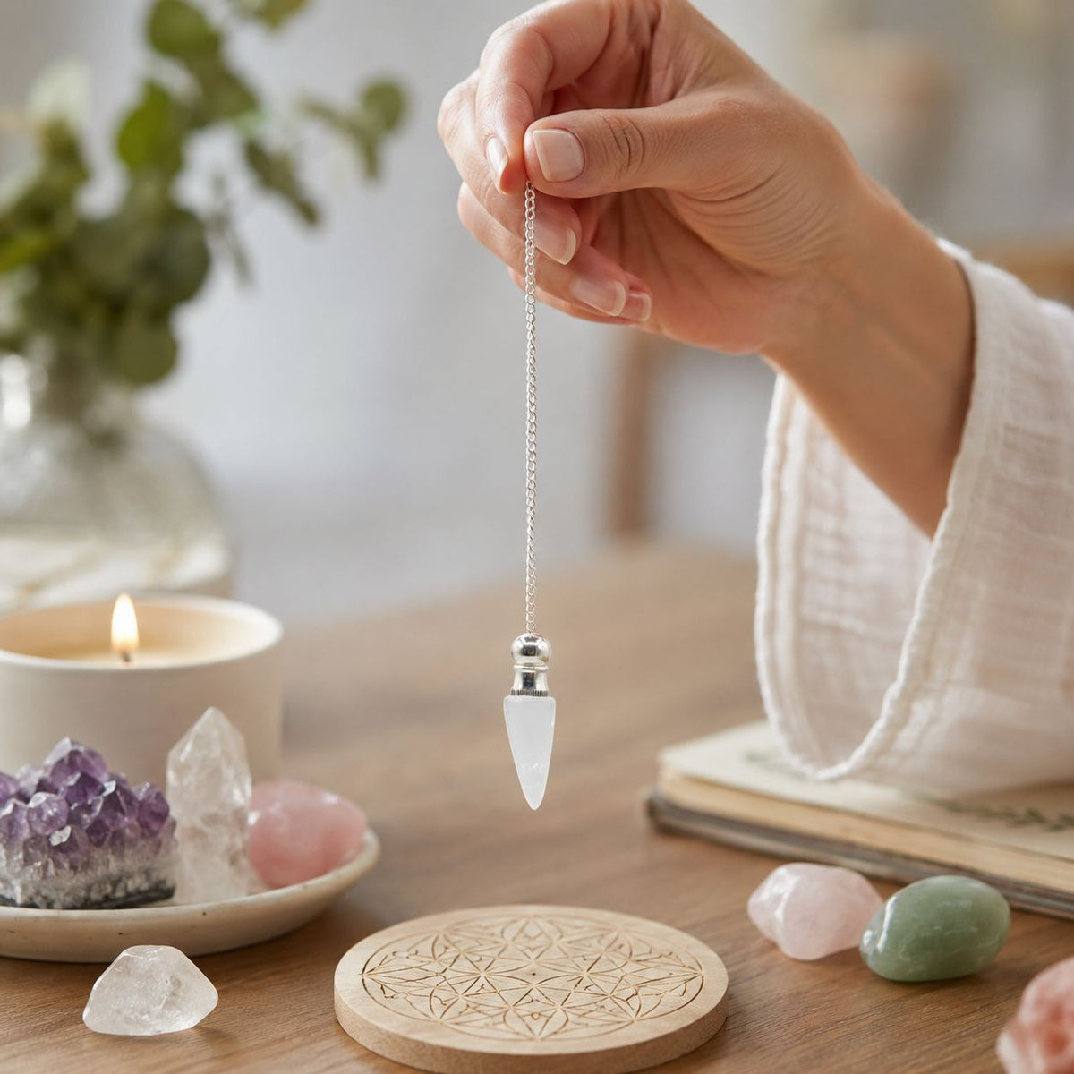 Three clear quartz pendulums with silver caps hanging from fine chains - view 5