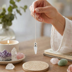 Three clear quartz pendulums with silver caps hanging from fine chains - view 5