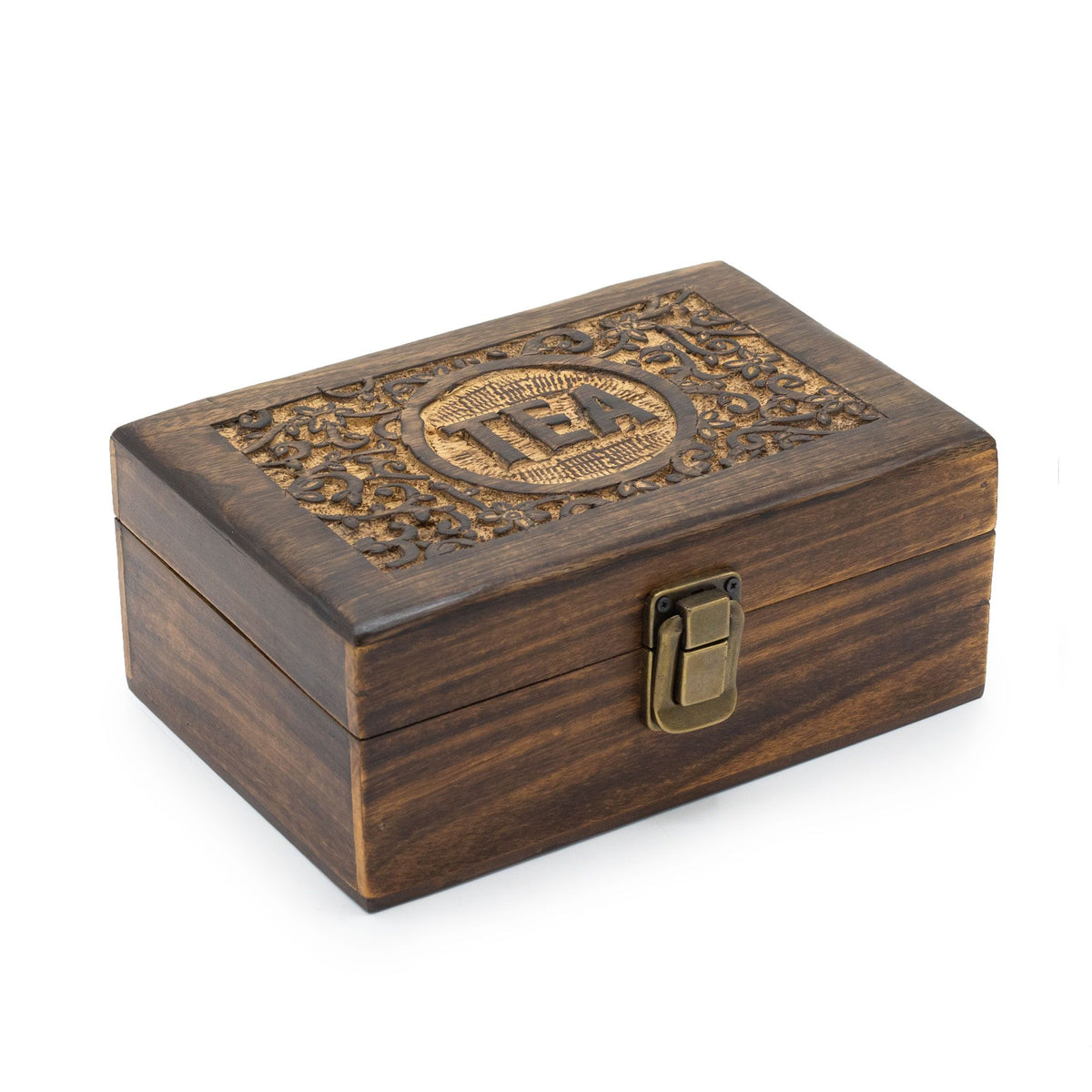 Carved mango wood tea box with six compartments and a brass clasp