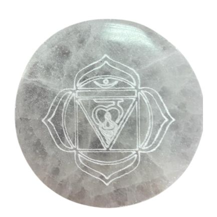 Set of seven small selenite charging plates, one engraved and coloured per chakra - view 4