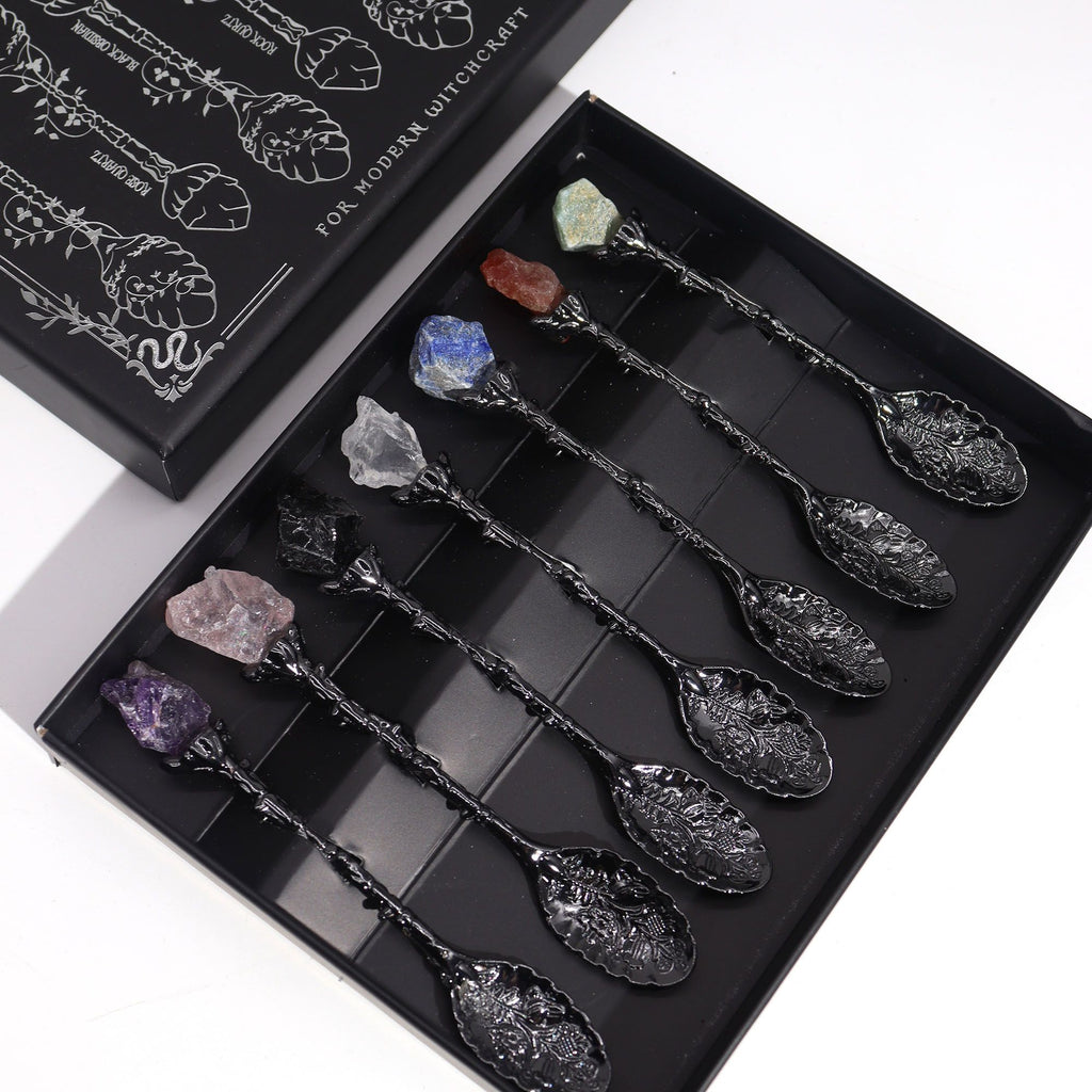 Set of 7 Dark Silver Gemstone Crystal Witch Spoons - view 4