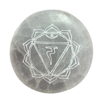Set of seven small selenite charging plates, one engraved and coloured per chakra - view 5