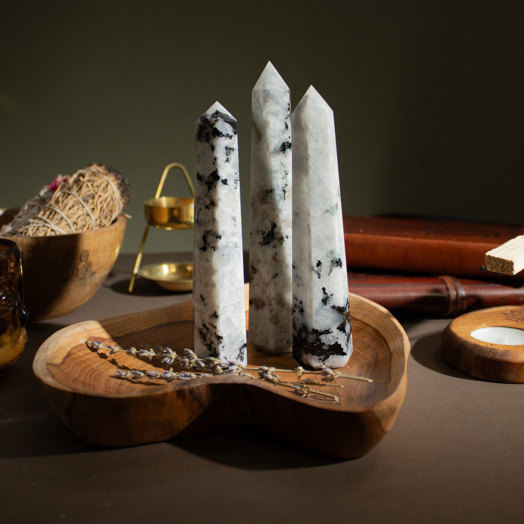 Large rainbow moonstone six face obelisk point, milky white with blue flash - view 3