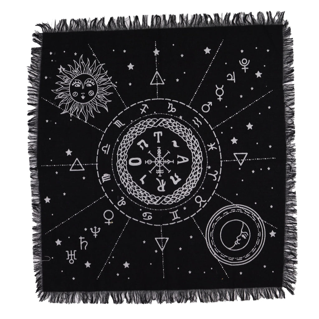 Fringed cotton altar cloth printed with a moon and sun chart