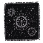 Fringed cotton altar cloth printed with a moon and sun chart