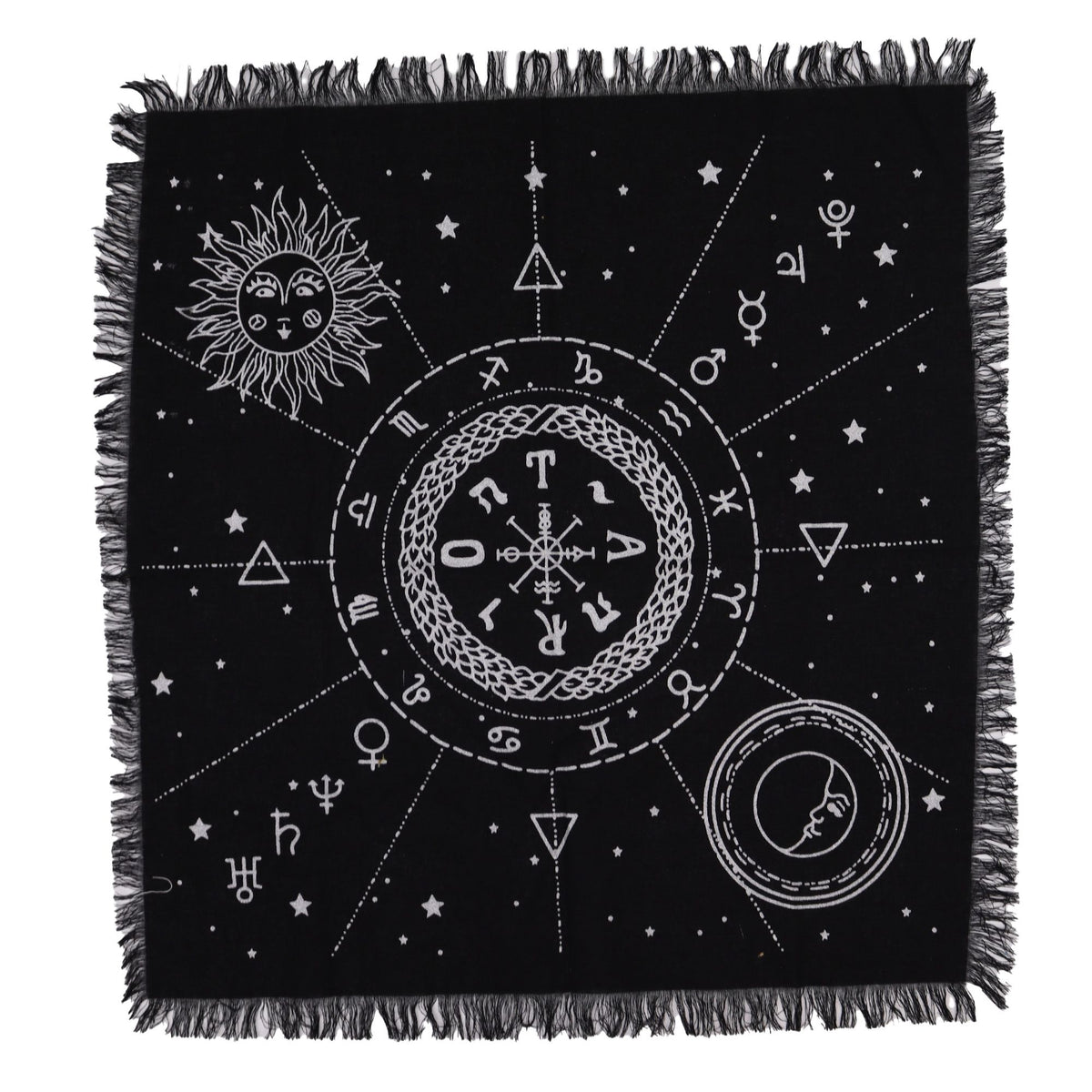 Fringed cotton altar cloth printed with a moon and sun chart