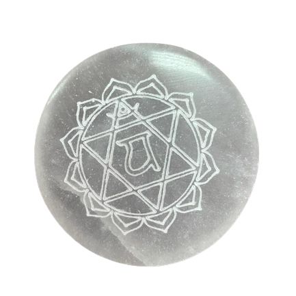 Set of seven small selenite charging plates, one engraved and coloured per chakra - view 6