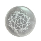 Set of seven small selenite charging plates, one engraved and coloured per chakra - view 6