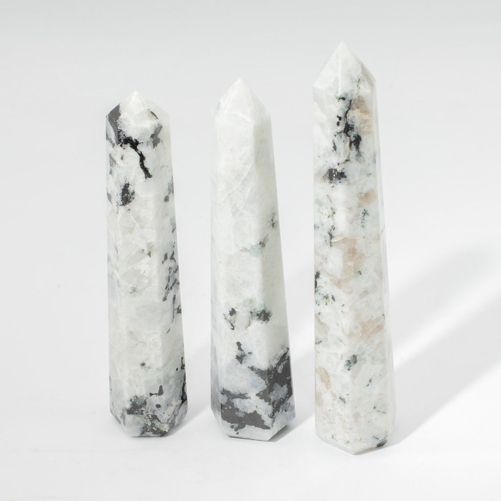Large rainbow moonstone six face obelisk point, milky white with blue flash - view 4