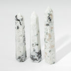 Large rainbow moonstone six face obelisk point, milky white with blue flash - view 4