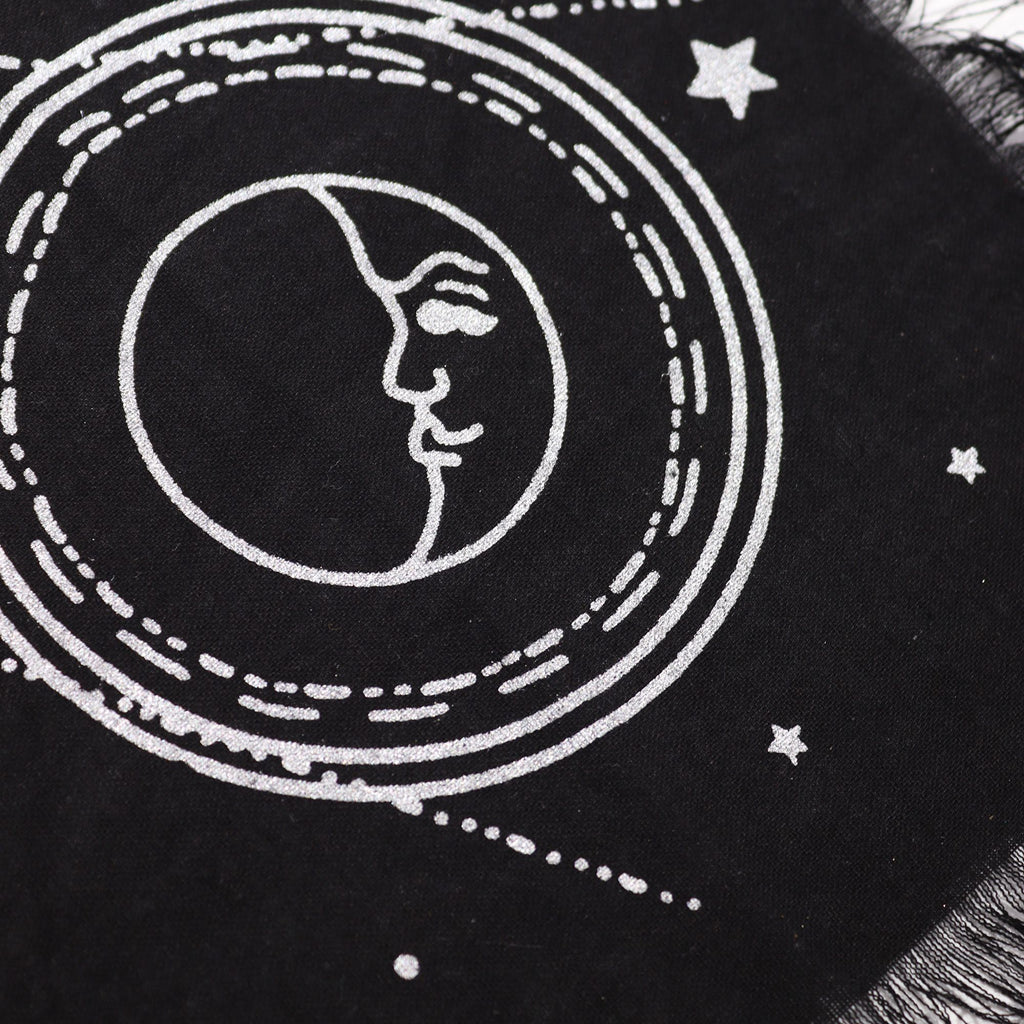Fringed cotton altar cloth printed with a moon and sun chart - view 2