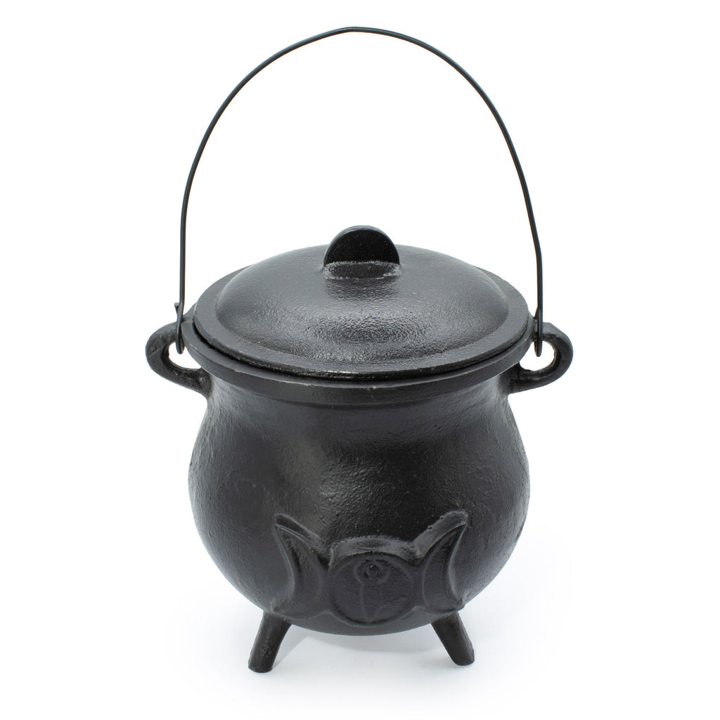 Extra large cast iron cauldron with raised triple moon, lid and three legs