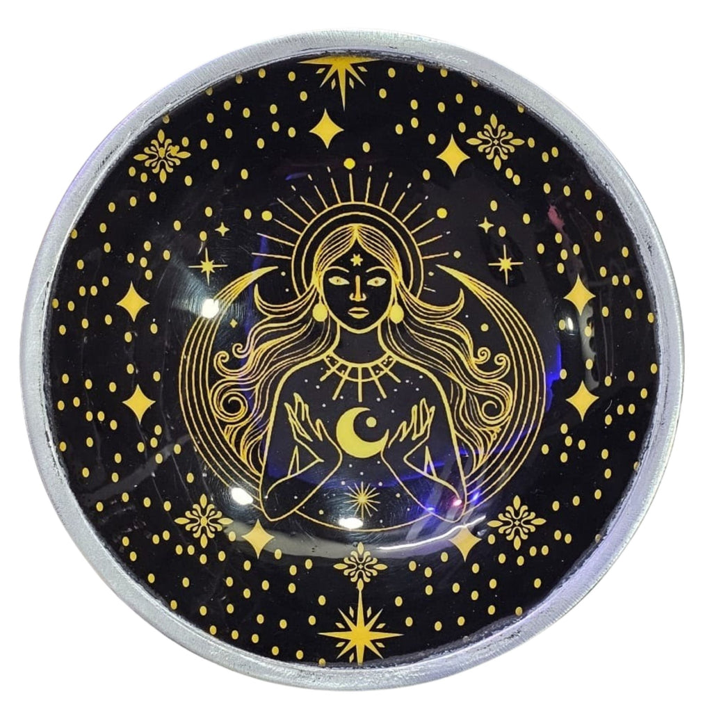 Triple Leg Enamelled Offering Plate - Gold Goddess on Black - view 2