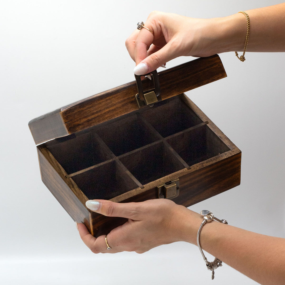 Carved mango wood tea box with six compartments and a brass clasp - view 5