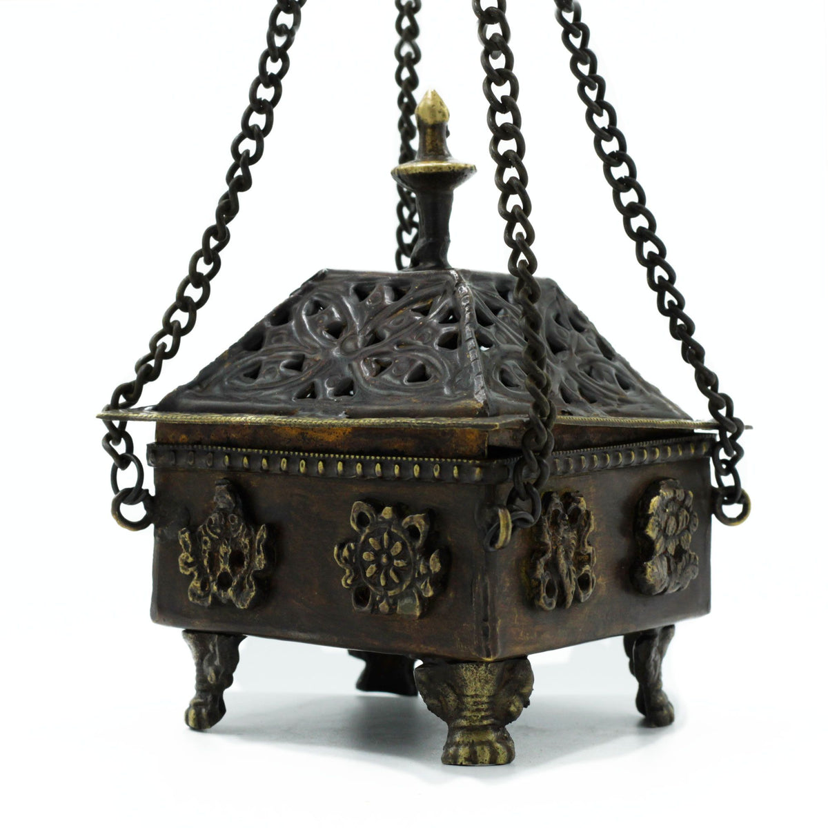 Brass Tibetan Burner - Eight Symbols Square Hanging Pot - view 2