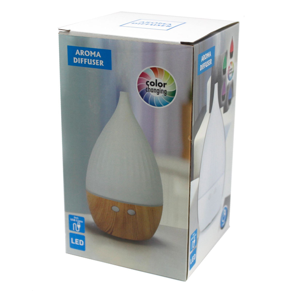 White teardrop ultrasonic aroma diffuser on a light wood base - view 2